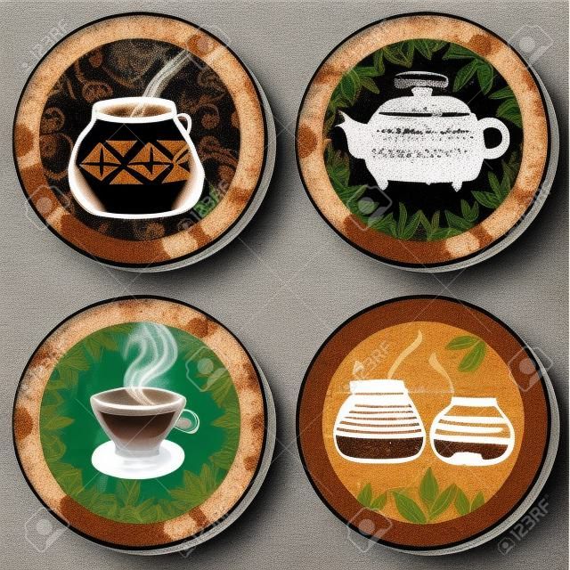 Grunge collection of drink coasters - coffee, tea, yerba mate theme