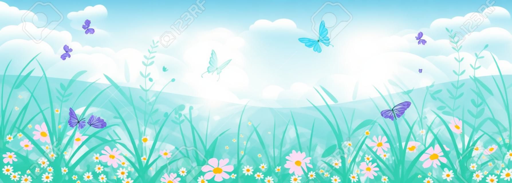 Bloemen zomer of voorjaar landschap, weide met bloemen, blauwe lucht en vlinders