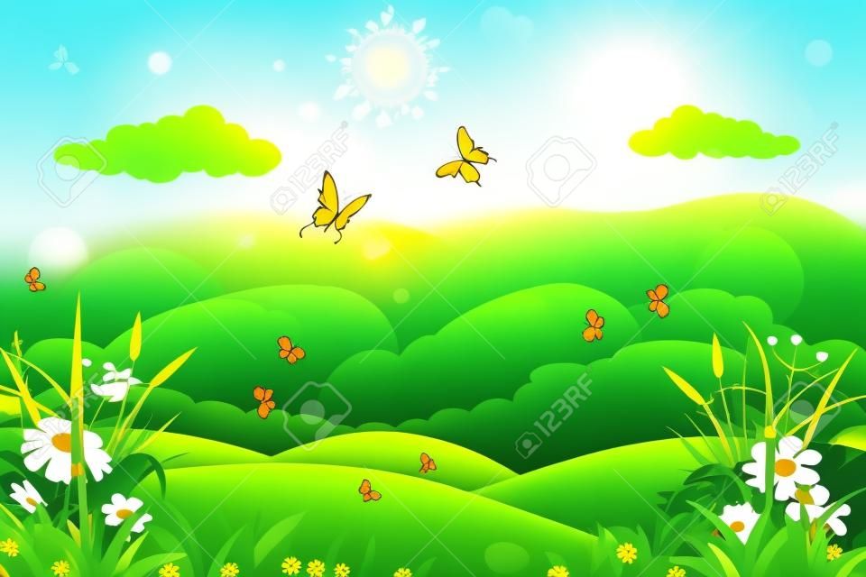 Летний пейзаж с зеленой травой, холмами, цветами и бабочками.