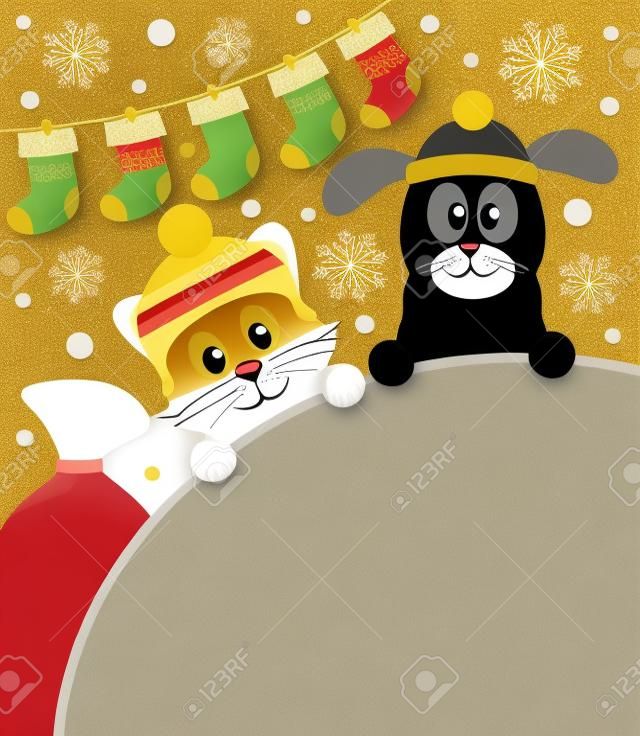 Año Nuevo tarjeta de fondo con el gato y el perro