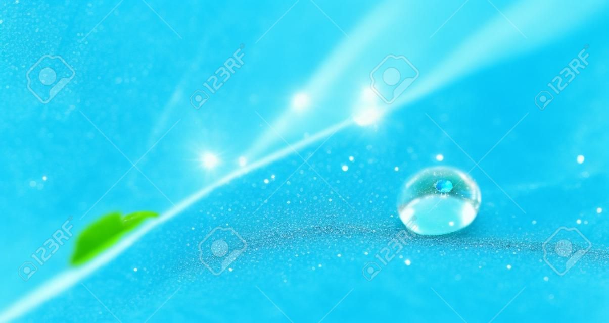 Large water drop sparkles in sunlight on blue color leaf