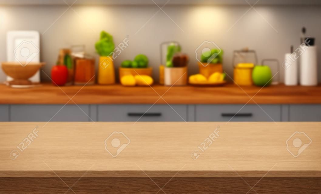 Wooden table on blurred kitchen counter background with cooking ingredients