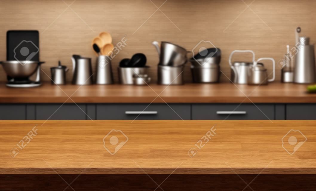 Table en bois sur fond de comptoir de cuisine floue avec ingrédients de cuisine