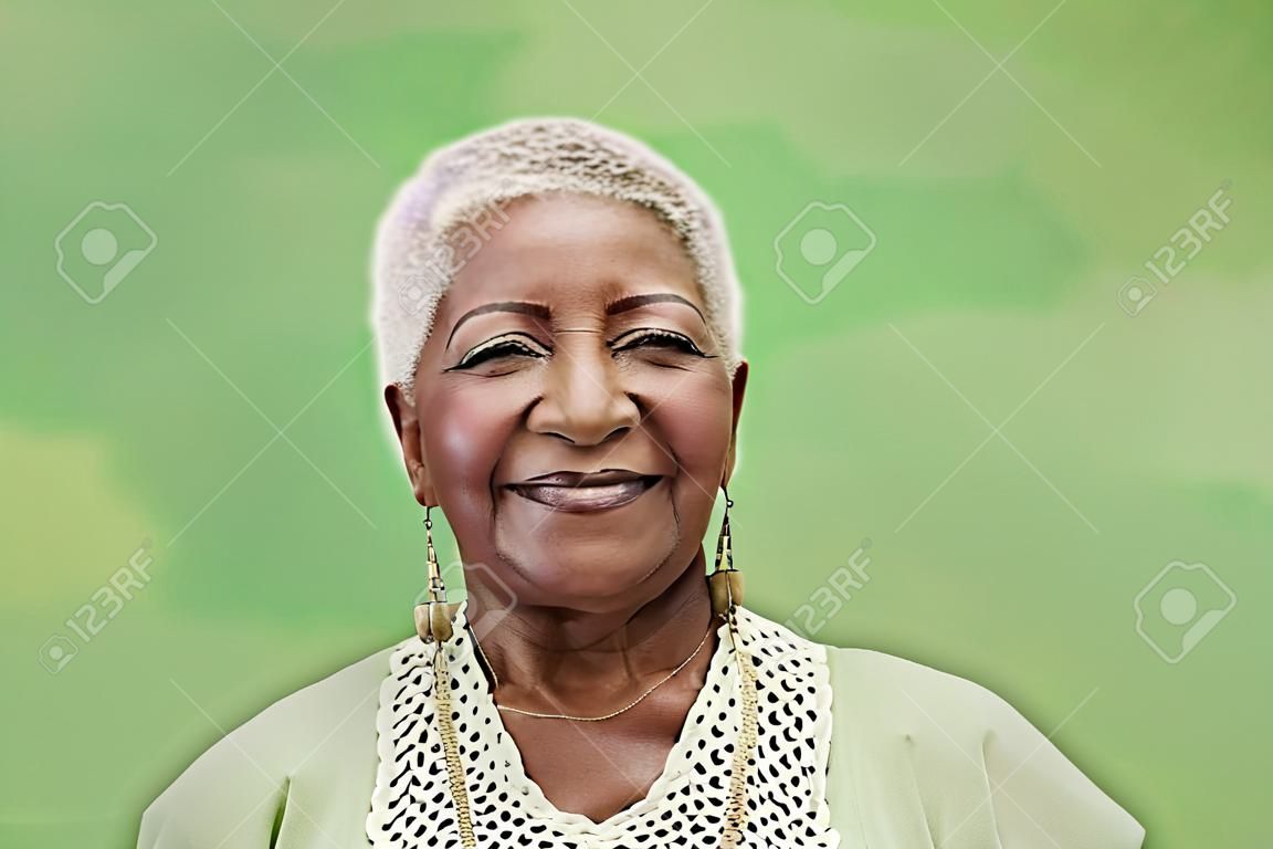 Old black woman portrait, lady in elegant clothes smiling on green background. Copy space