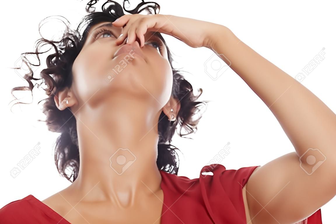 hispanic woman holding breath closing nose with fingers on white background