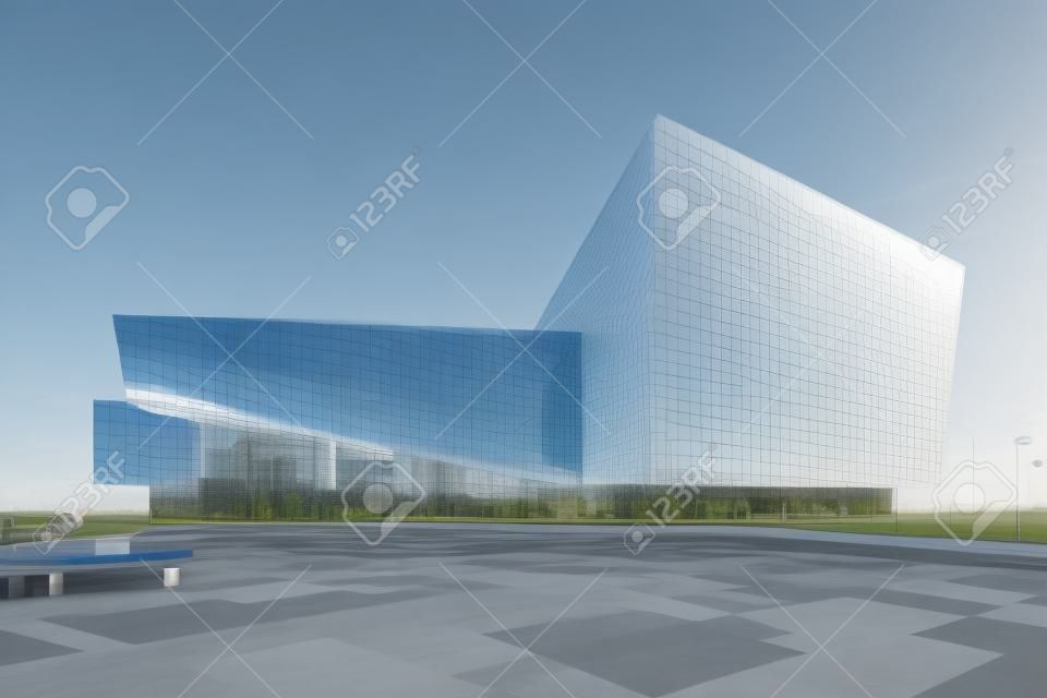 Render 3D, visualización de edificio comercial de vidrio moderno.