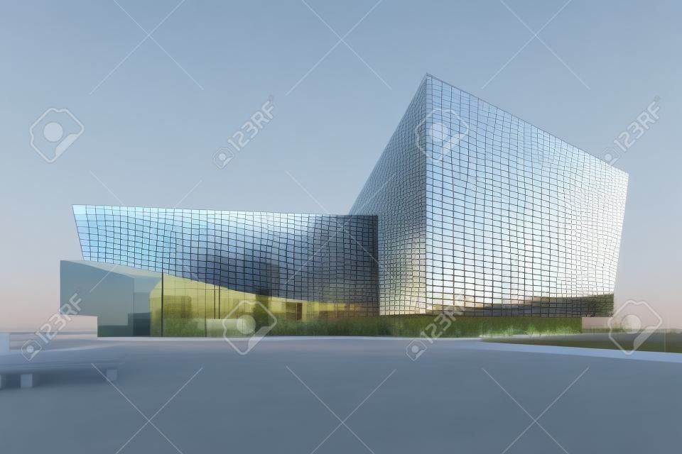 Render 3D, visualización de edificio comercial de vidrio moderno.