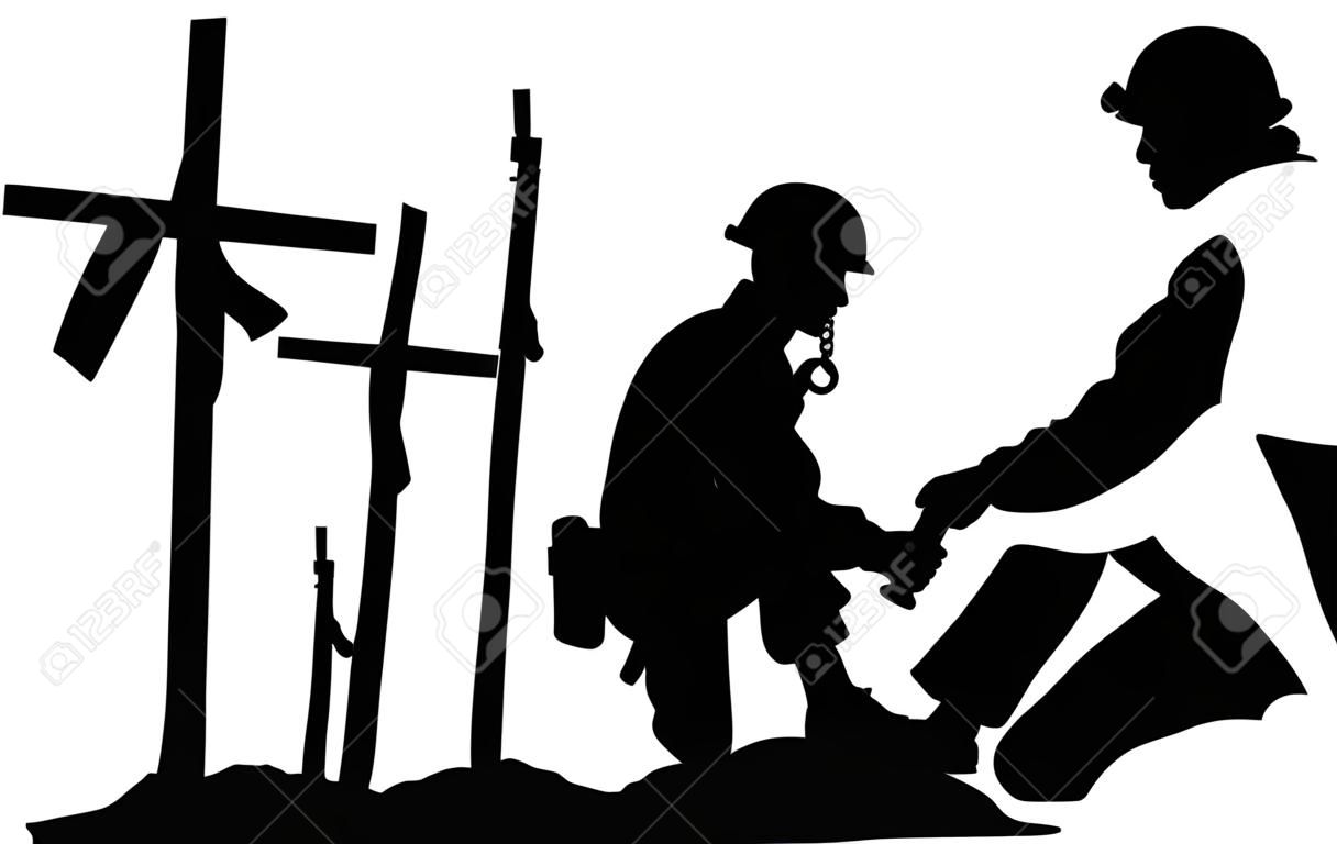 silhouet van een soldaat knielend naast het graf van een vriend