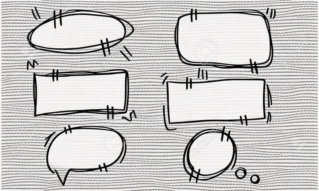 Pudełka na cytaty i frazy w stylu doodle. zbiór ręcznie rysowanych komunikatów i okien dialogowych. opinie i komunikacja z kreskówek w stylu linii. ilustracja wektorowa projekt bańki mowy w formie szkicu