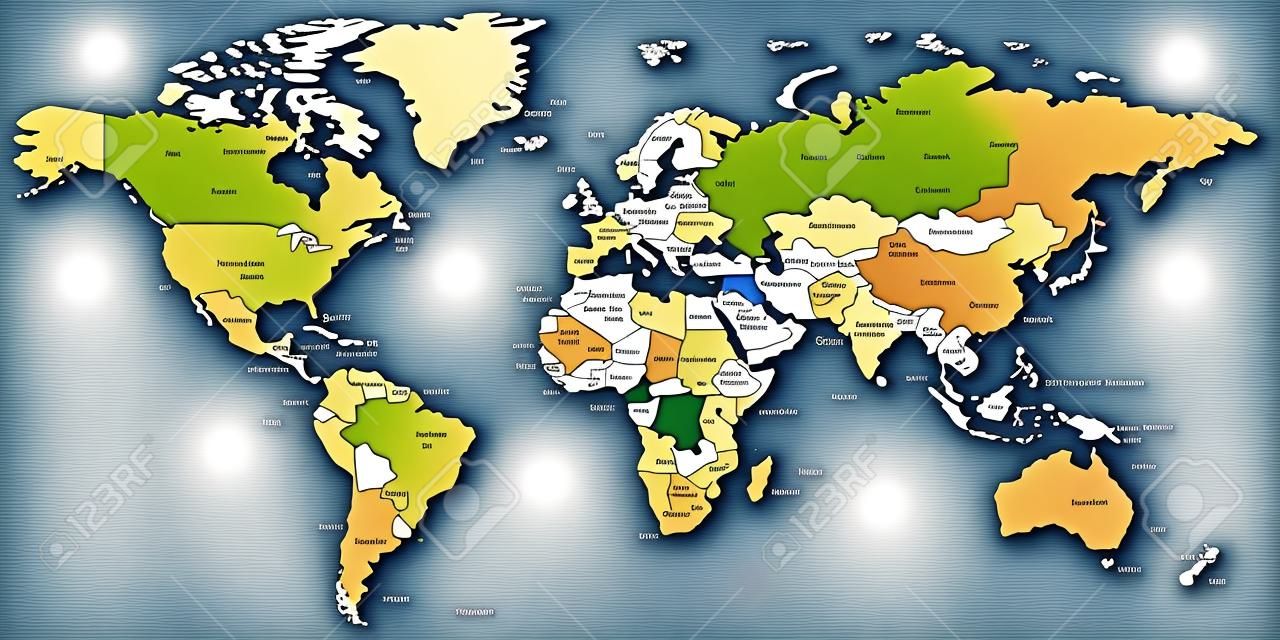 Altamente dettagliata illustrazione vettoriale della mappa del mondo comprese le frontiere dei paesi e città