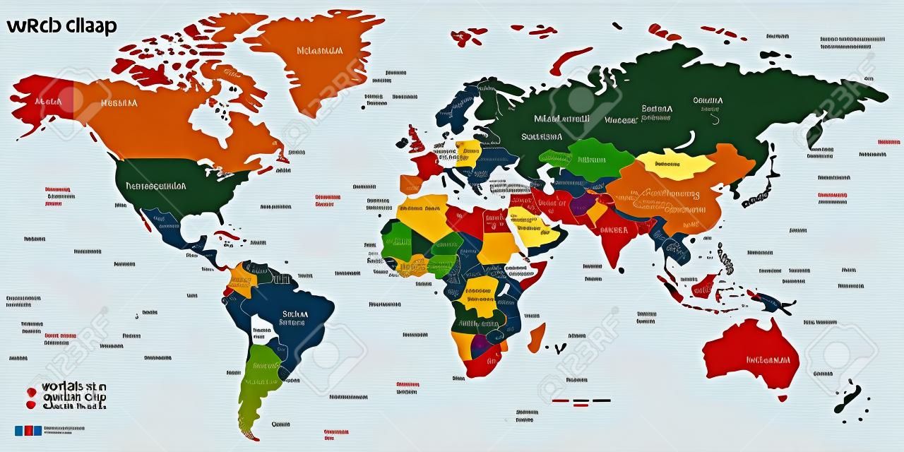 Très détaillée vecteur illustration de carte du monde y compris les frontières pays et villes