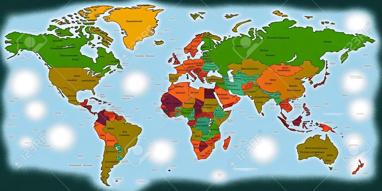Igen részletes vektoros illusztráció világtérkép beleértve határok országok és városok