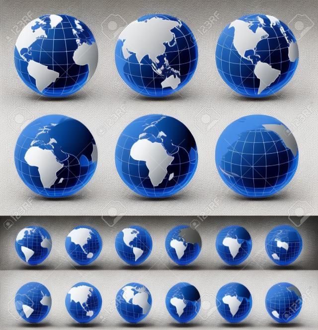 地球仪集-插图矢量集不同的全球意见，在蓝色灰色和白色变种