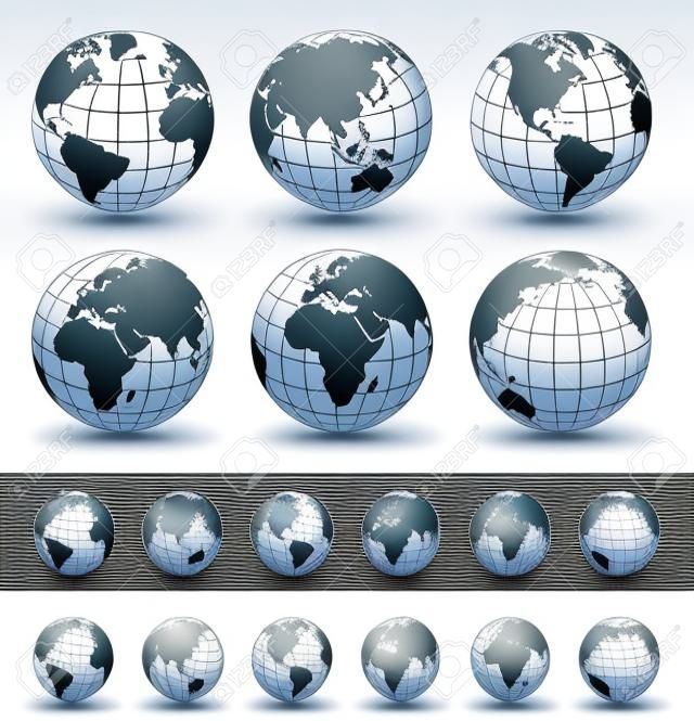 Globes set - illustration. Vector set of different globe views. Made in blue, gray and white variants.