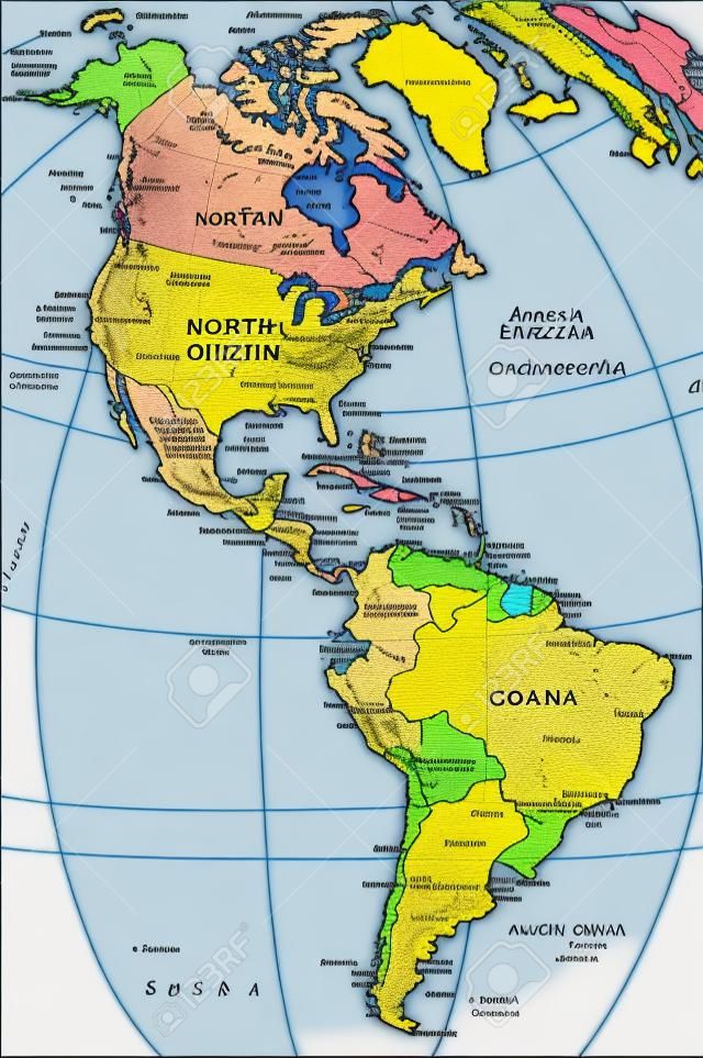 Северной и Южной Америке - карта - иллюстрация. Цветные и сетка.