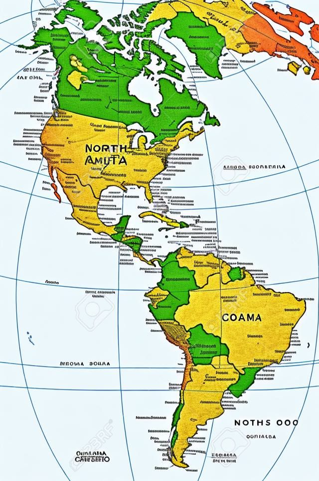 Северной и Южной Америке - карта - иллюстрация. Цветные и сетка.