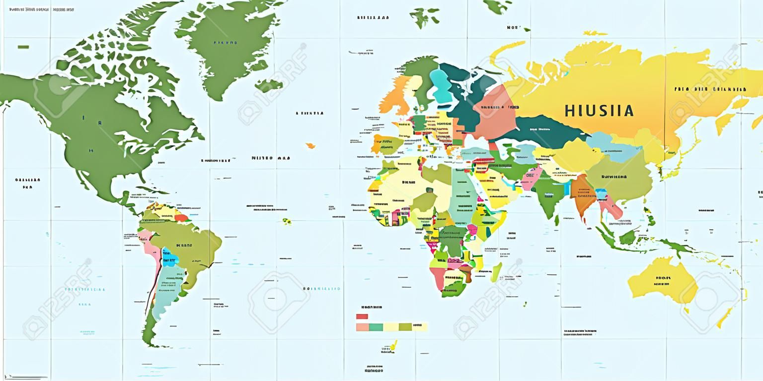 世界地图-插图彩色和网格