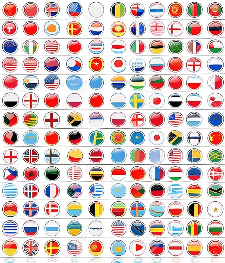 Glossy redondo todas as bandeiras do vetor do mundo. Coleção de vetores de ícones de bandeira.