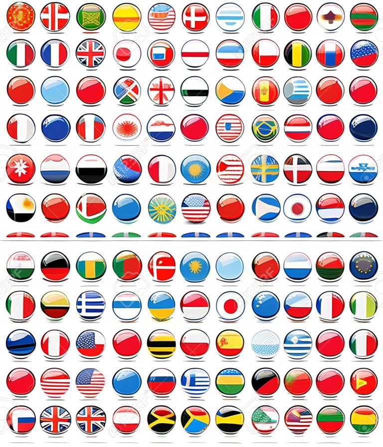 Glossy redondo todas as bandeiras do vetor do mundo. Coleção de vetores de ícones de bandeira.