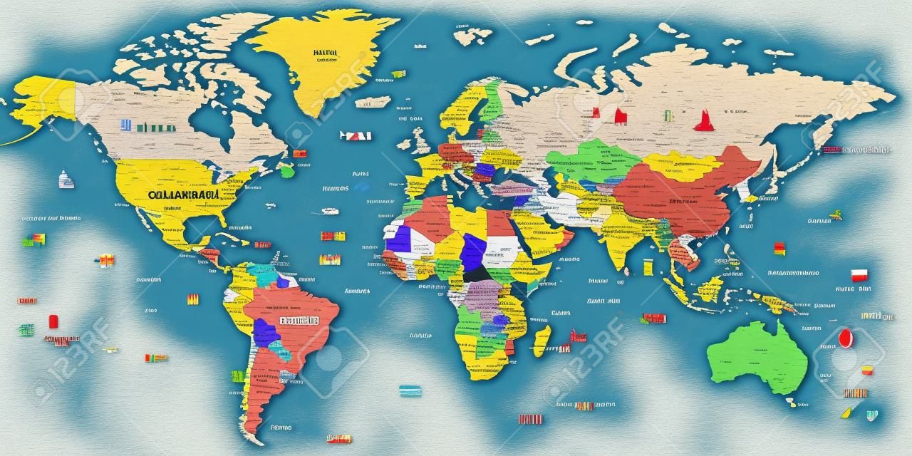 Colored World Map - borders, countries and cities - illustration