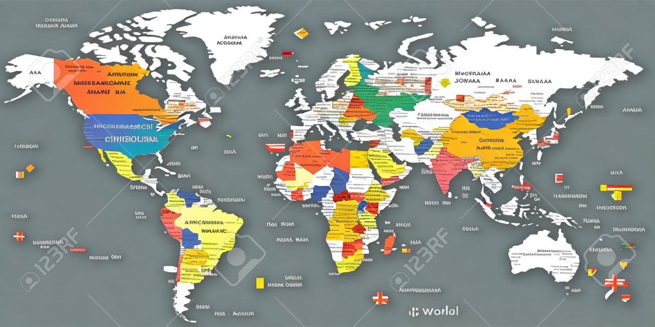 Mapa del mundo de color - bordes, países y ciudades - ilustración