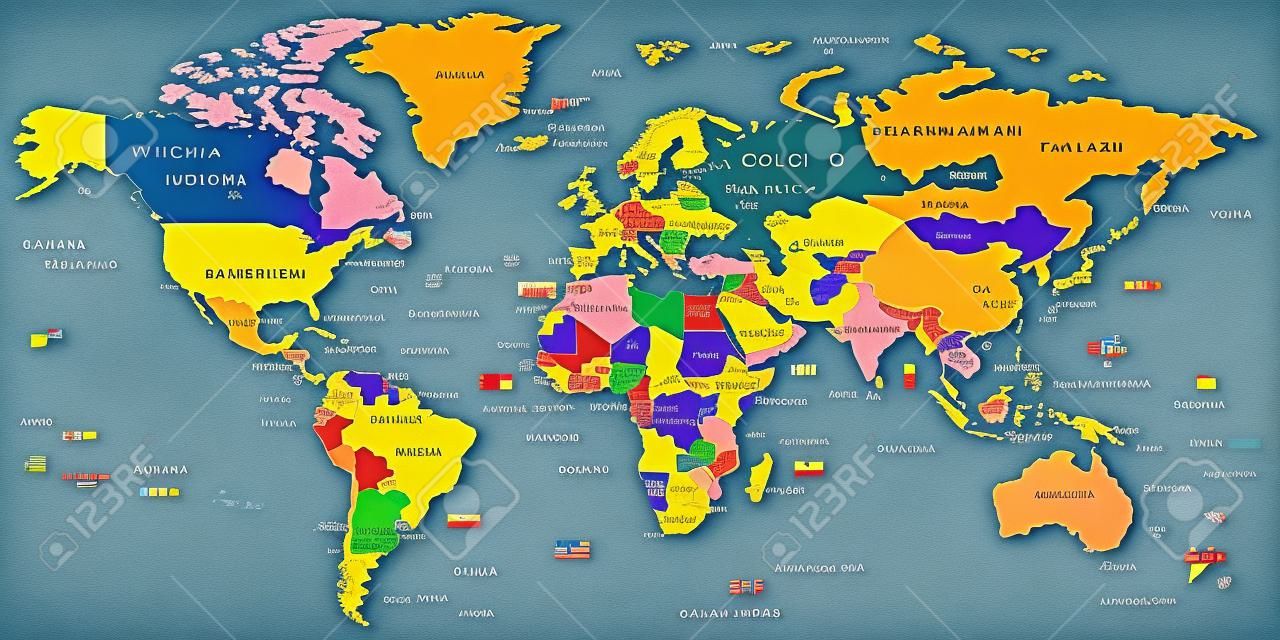 Colored World Map - confini, paesi e città - illustrazione