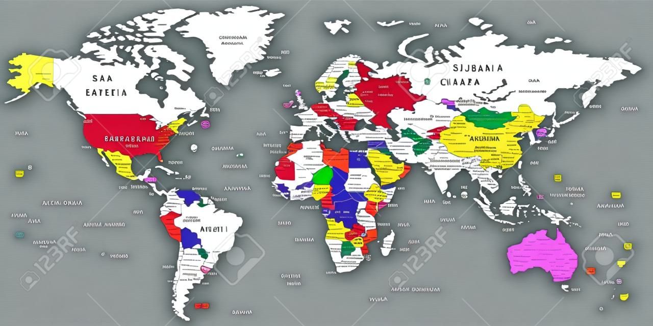 彩色世界地圖 - 邊界，國家和城市 - 圖