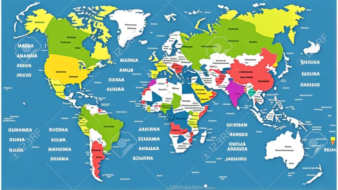 Mapa Mundial Colorido - fronteiras, países e cidades - ilustração