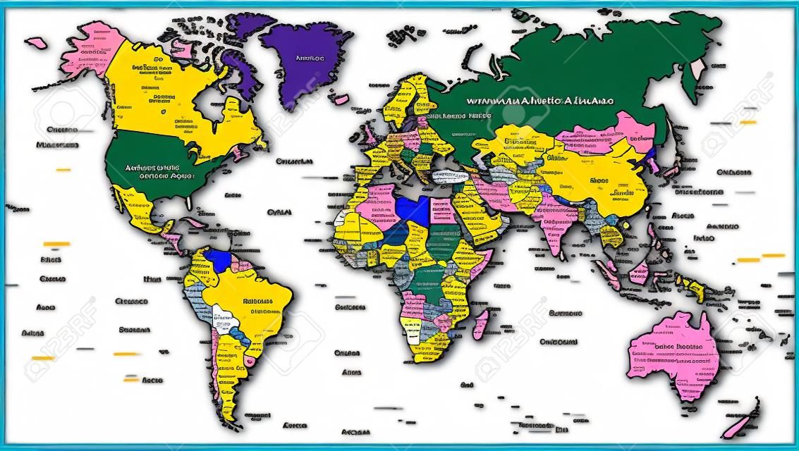 Farbige Weltkarte - Grenzen, Länder und Städte - Illustration