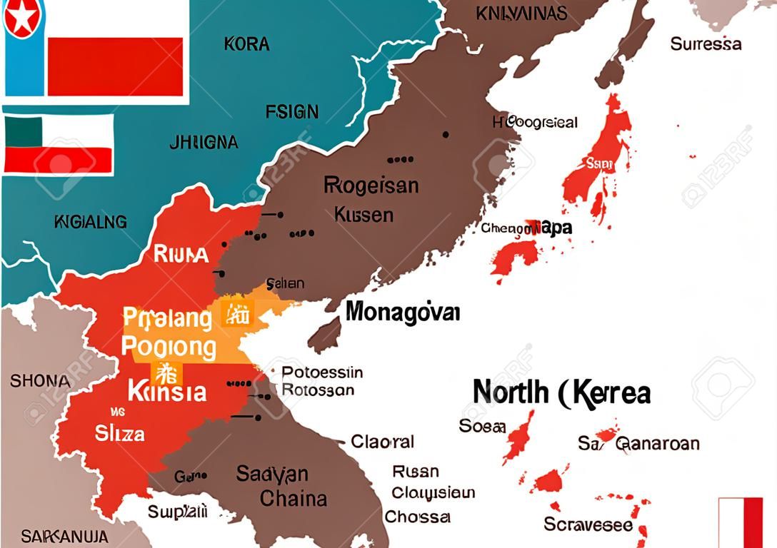 朝鲜、韩国、日本、中国、俄罗斯、蒙古地图-详细的矢量插图