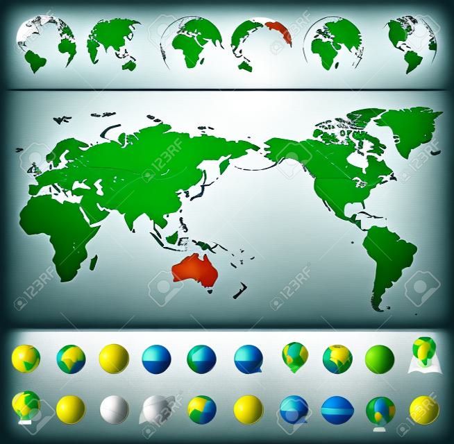 World Map Blue Green and Globes Asia in Center vector