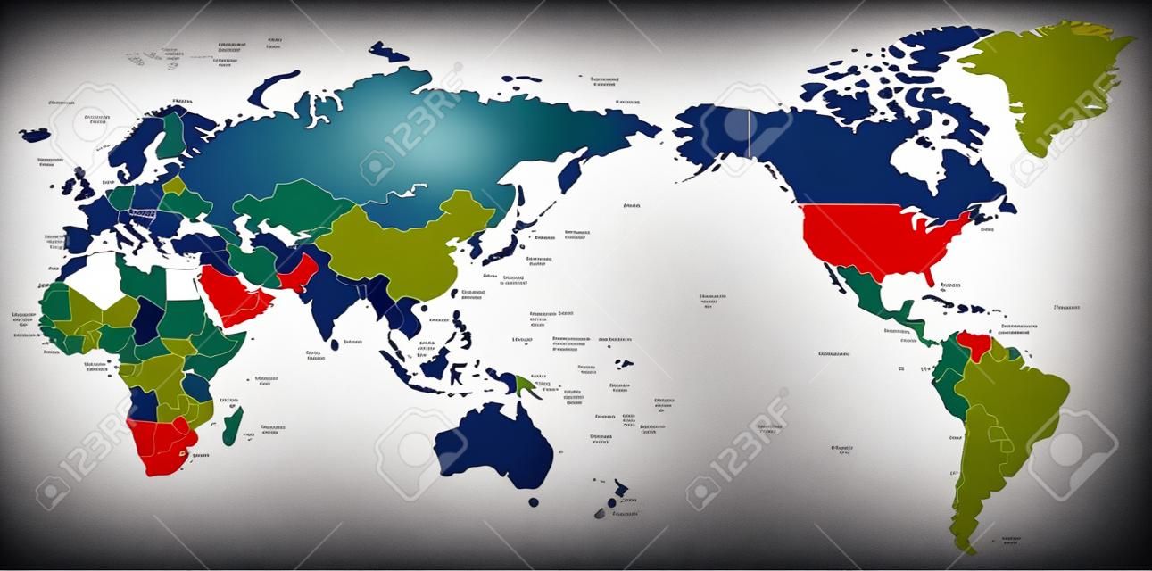 Mapa polityczna świata na Pacyfiku wyśrodkowany - wektor.