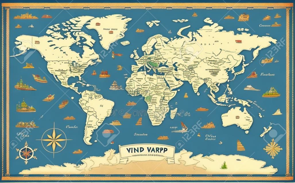 Szczegółowa mapa świata w stylu vintage z kreskówek - ilustracja wektorowa z warstwami