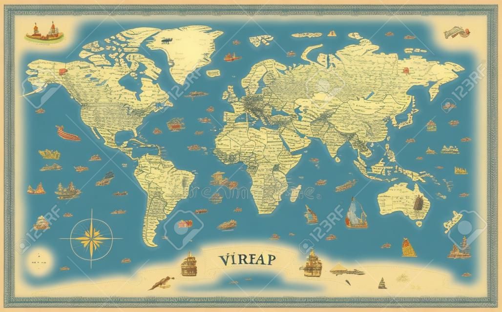 Szczegółowa mapa świata w stylu vintage z kreskówek - ilustracja wektorowa z warstwami
