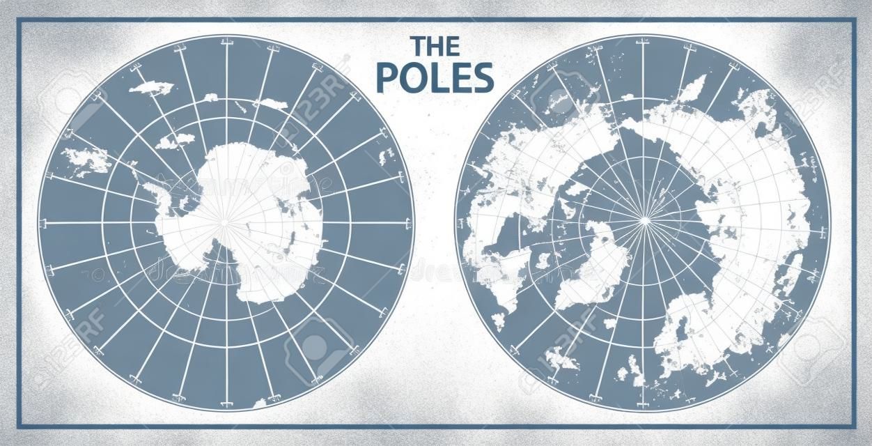 The Poles, North Pole and South Pole. Vector Detailed Illustration. Gray and White