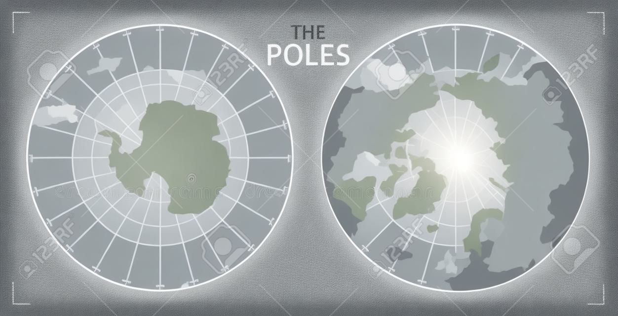 Los polos, polo norte y polo sur. Ilustración detallada del vector. gris y blanco