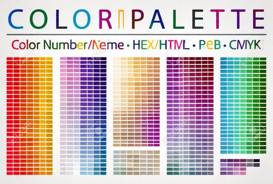 Paleta kolorów. wydrukować stronę testową. tabela wykresów kolorów. numery lub nazwy kolorów. rgb, cmyk, szesnastkowe kody html. paleta kolorów wektorowych. - ilustracja