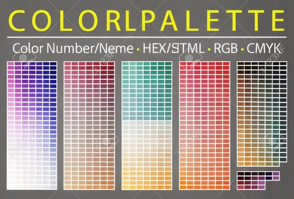 カラーパレット。テストページを印刷します。カラーチャート表。色番号または名前。 RGB、CMYK、HEXHTMLコード。ベクトルカラーパレット。 -イラスト