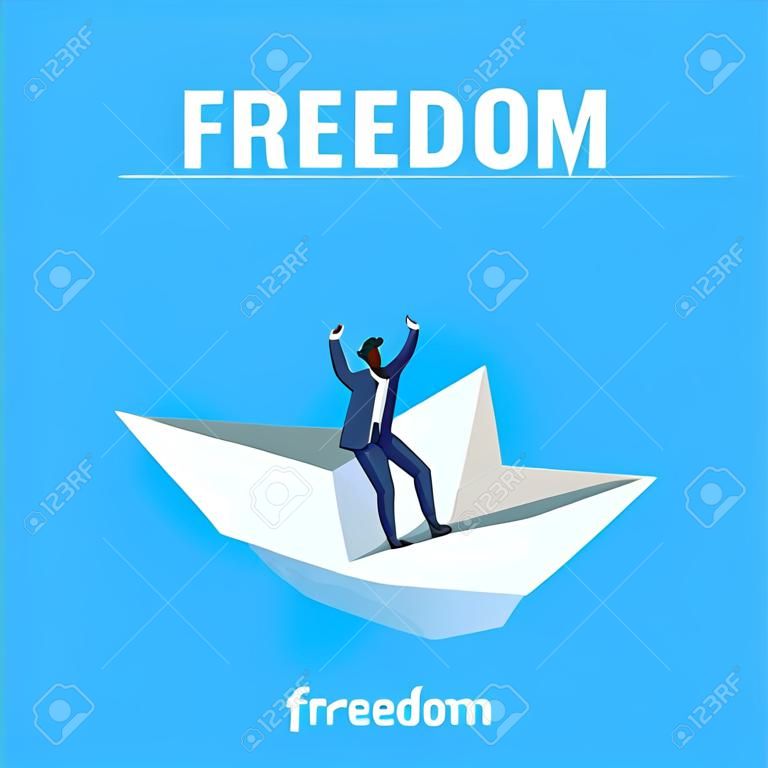 Ein Mann in einem Business-Anzug segelt auf einem Papierboot in die Freiheit, isometrisches Bild