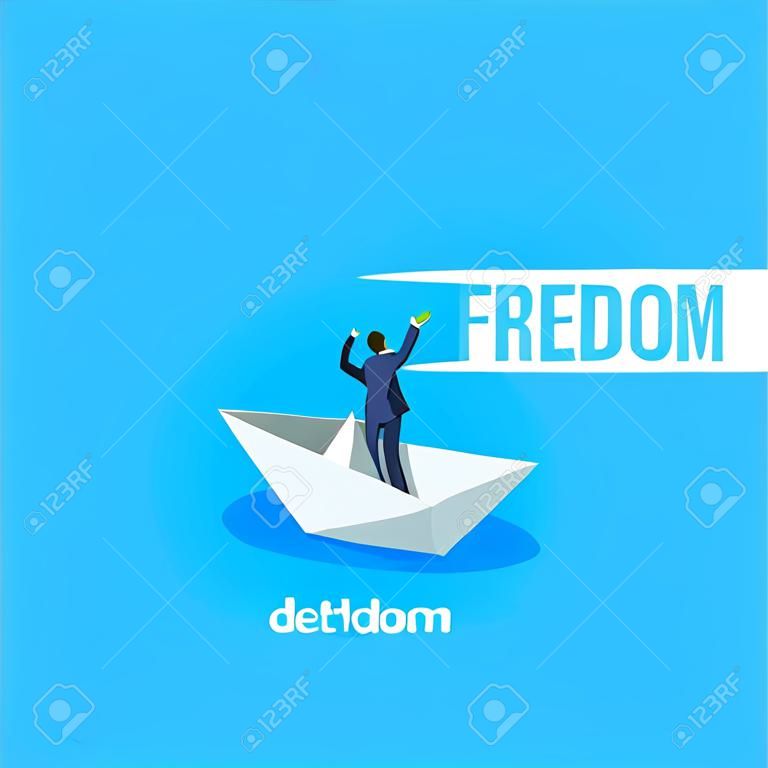 a man in a business suit sails on a paper boat to freedom, isometric image