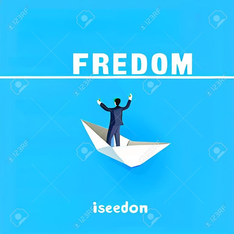 a man in a business suit sails on a paper boat to freedom, isometric image