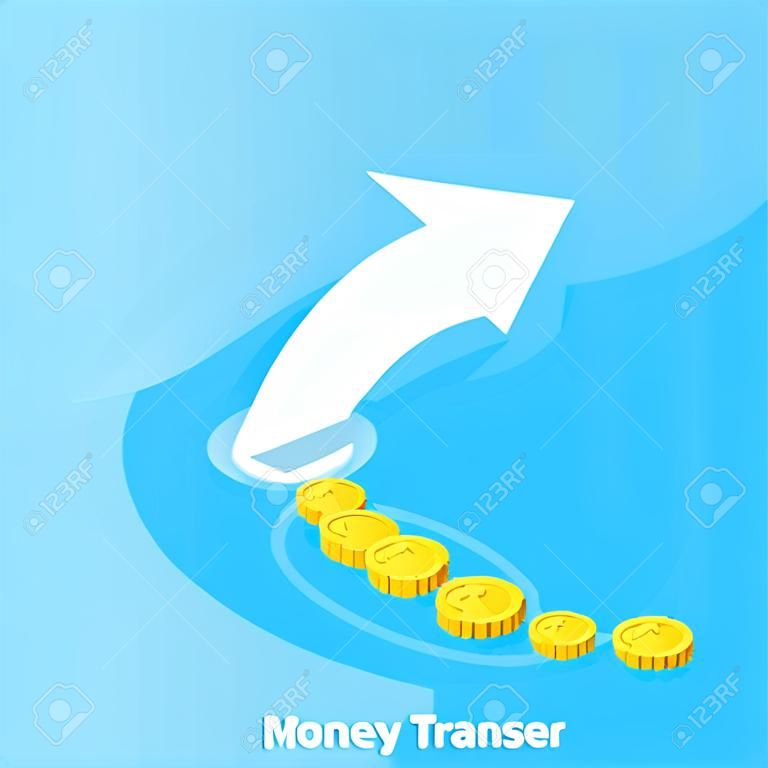 white arrow pointing to gold coin, money transfer, isometric image