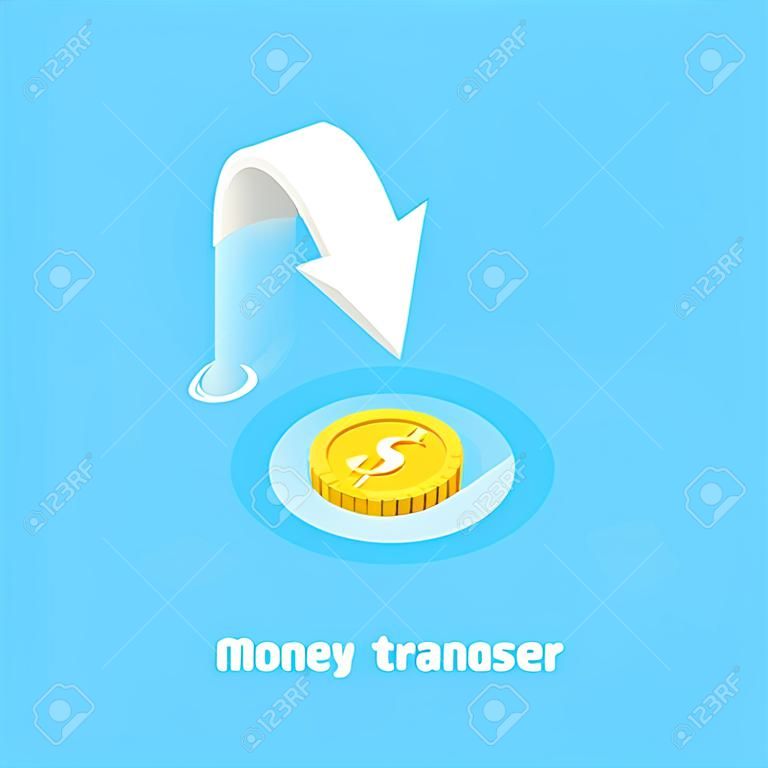 white arrow pointing to gold coin, money transfer, isometric image