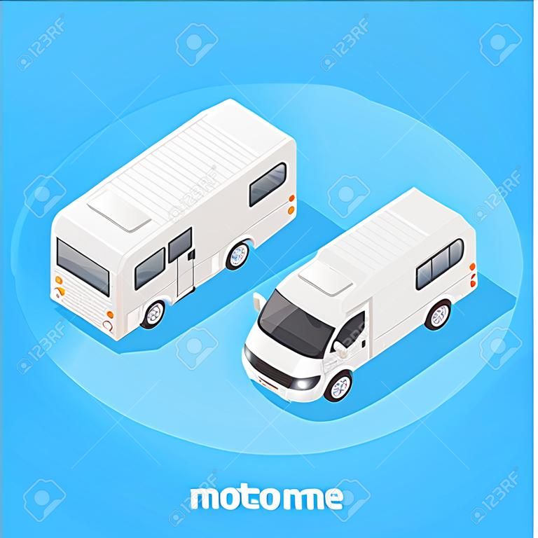 image vectorielle isométrique sur fond bleu, vue avant et arrière du camping-car blanc