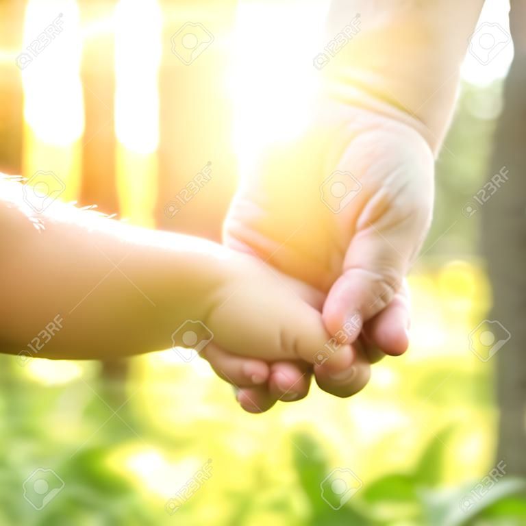 Взрослый держит руку ребенка, крупным планом руки, природа в фоновом режиме.