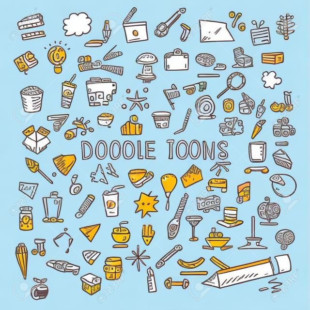 Conjunto de doodles iconos, objetos dibujados a mano vector, ilustración