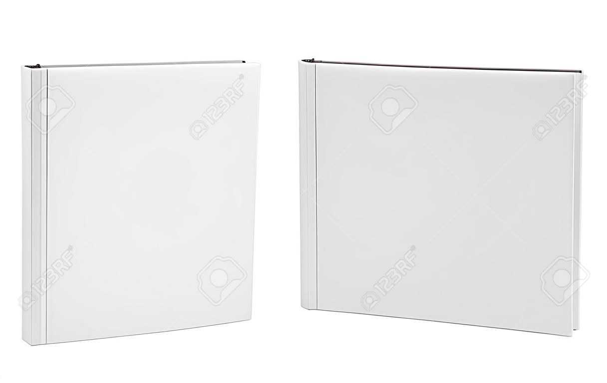 站立與織品紋理的方形的白色空白的書套大模型正面圖和後面看法在白色背景隔絕的。 3d插圖