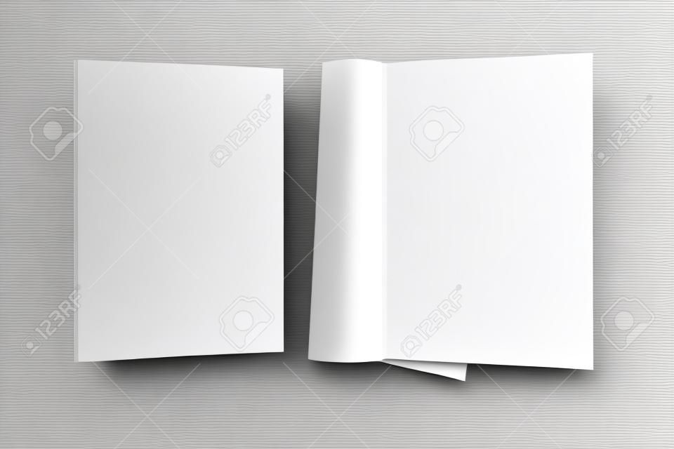 Rivista vuota, pagine con carta lucida e copertina vuota che volano su sfondo bianco. Aperto e chiuso. Illustrazione 3D