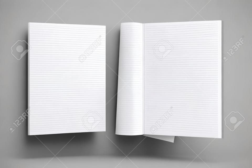 Rivista vuota, pagine con carta lucida e copertina vuota che volano su sfondo bianco. Aperto e chiuso. Illustrazione 3D