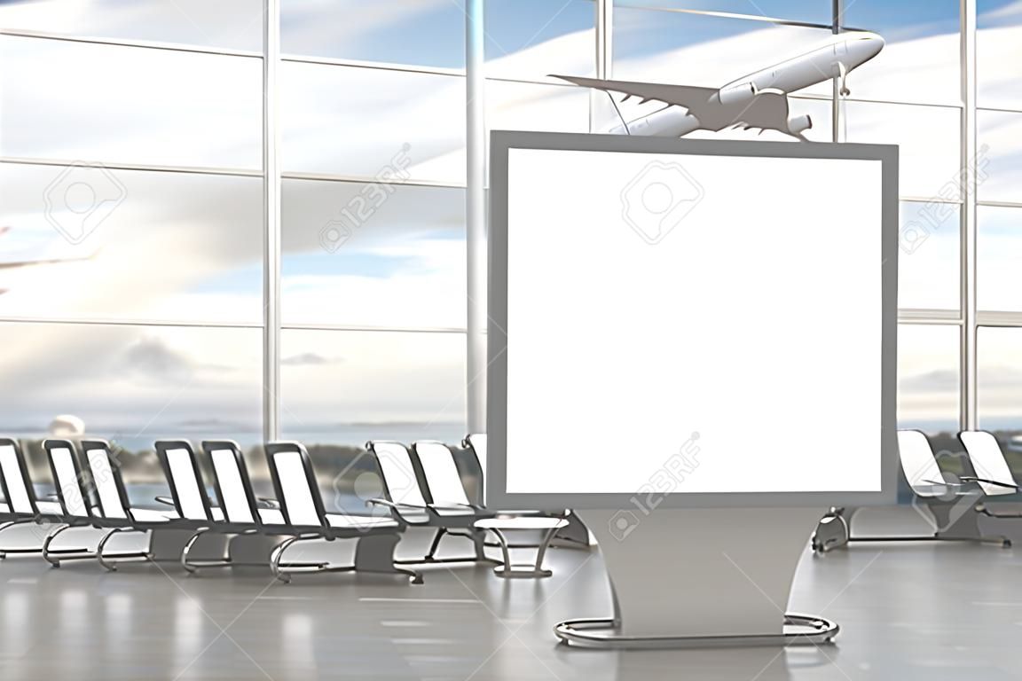 Repülőtér indulási társalgó. Üres vízszintes óriásplakát állvány és repülőgép a háttérben. Tartalmazza a reklámplakát körüli vágógörbét. 3D-s illusztráció
